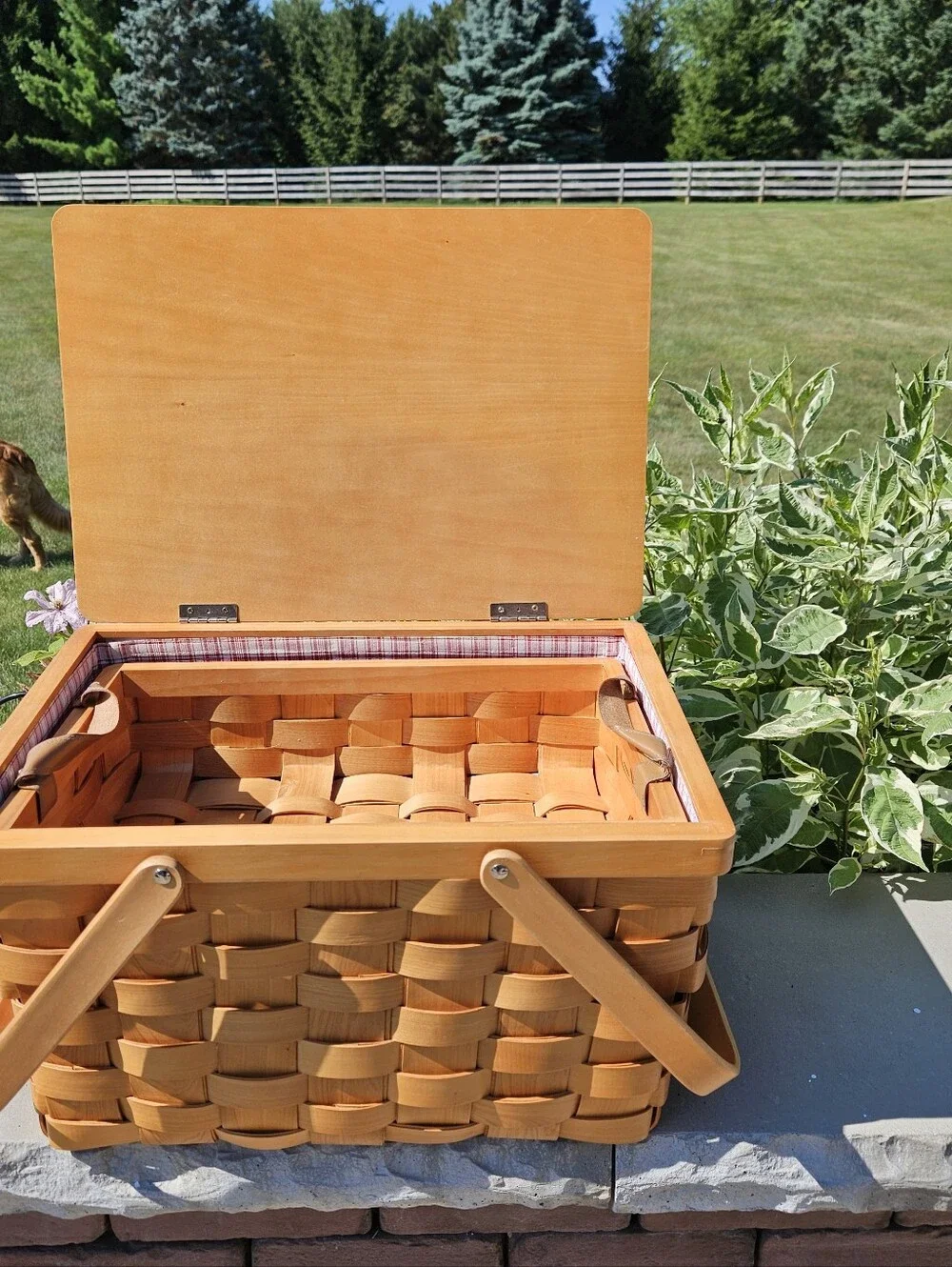 Pottery Barn New Woven Wooden Picnic Basket with Dual Top Handles - Natural Wood